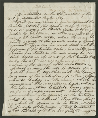 Federal Judiciary Act of 1789 Section 33 Copy circa 30 May 1844 United States v. Jeremiah Smith on Habeas Corpus B Page 1