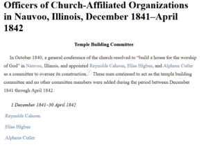 Officers of Church-Affiliated Organizations in Nauvoo, Illinois, December 1841–April 1842
