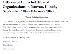 Officers of Church-Affiliated Organizations in Nauvoo, Illinois, September 1842–February 1843