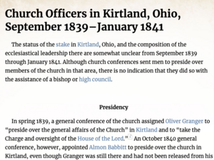 Church Officers in Kirtland, Ohio, September 1839–January 1841