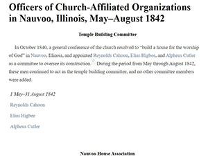 Officers of Church-Affiliated Organizations in Nauvoo, Illinois, May–August 1842