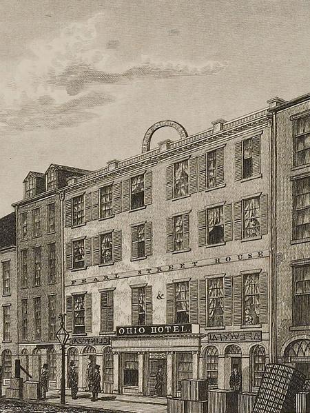 Pearl Street house and Ohio hotel. Engraving, Milo Osborn, circa 1831; from Views in New-York and its Environs, from Accurate, Characteristic, & Picturesque Drawings, Taken on the Spot, Expressly for this Work.  (Courtesy Special Collections, University of Virginia Library.)