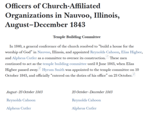 Officers of Church-Affiliated Organizations in Nauvoo, Illinois, August–December 1843
