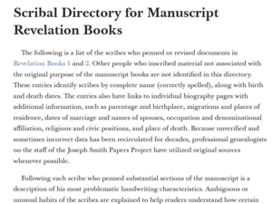 Scribal Directory for Manuscript Revelation Books