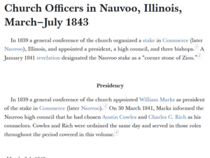 Church Officers in Nauvoo, Illinois, March–July 1843