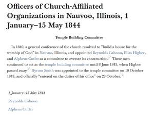 Officers of Church-Affiliated Organizations in Nauvoo, Illinois, 1 January–15 May 1844