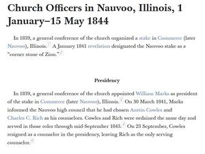 Church Officers in Nauvoo, Illinois, 1 January–15 May 1844
